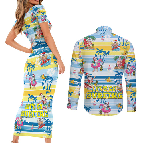 surfing-christmas-couples-matching-short-sleeve-bodycon-dress-and-long-sleeve-button-shirt-tropical-santa-lets-go-surfing