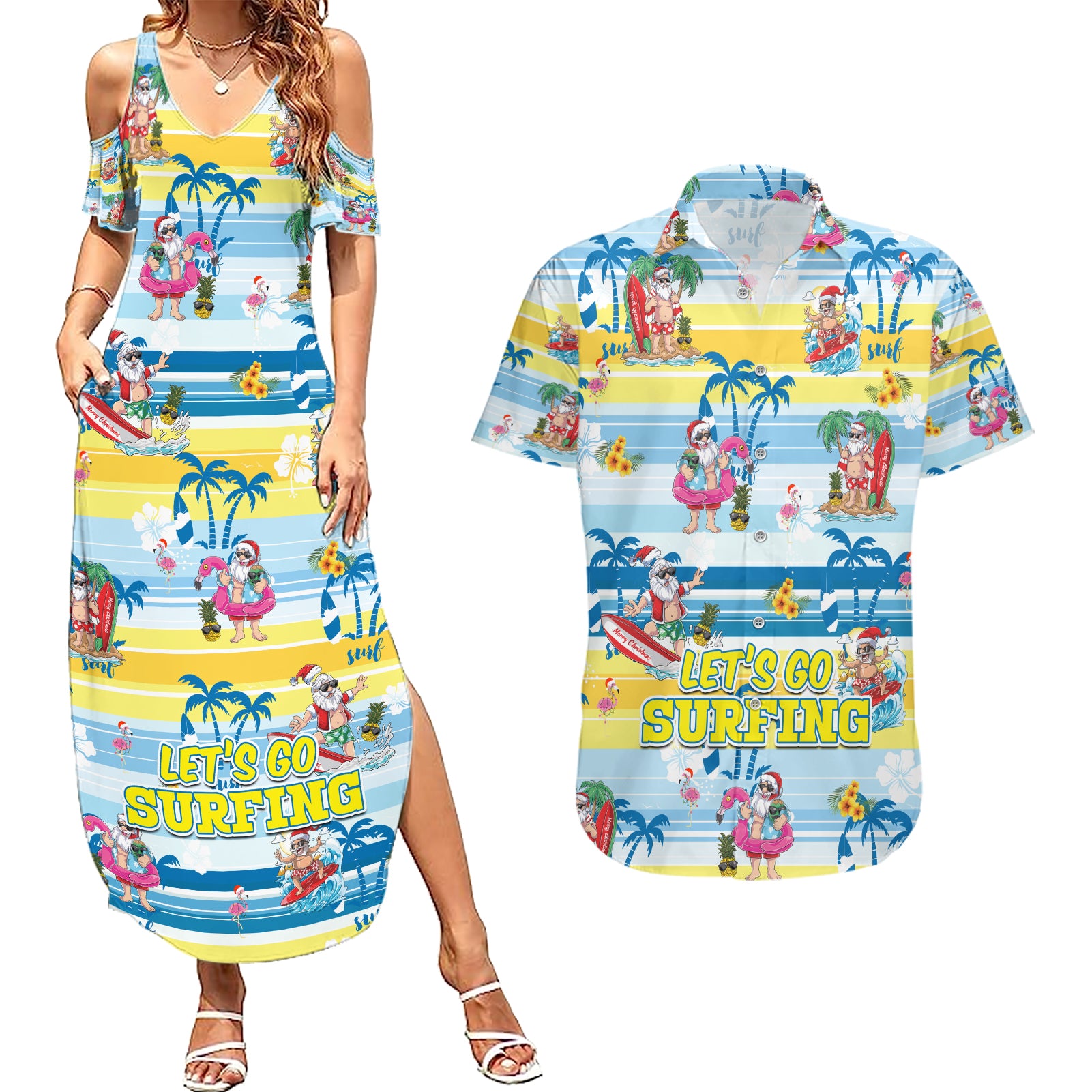 surfing-christmas-couples-matching-summer-maxi-dress-and-hawaiian-shirt-tropical-santa-lets-go-surfing