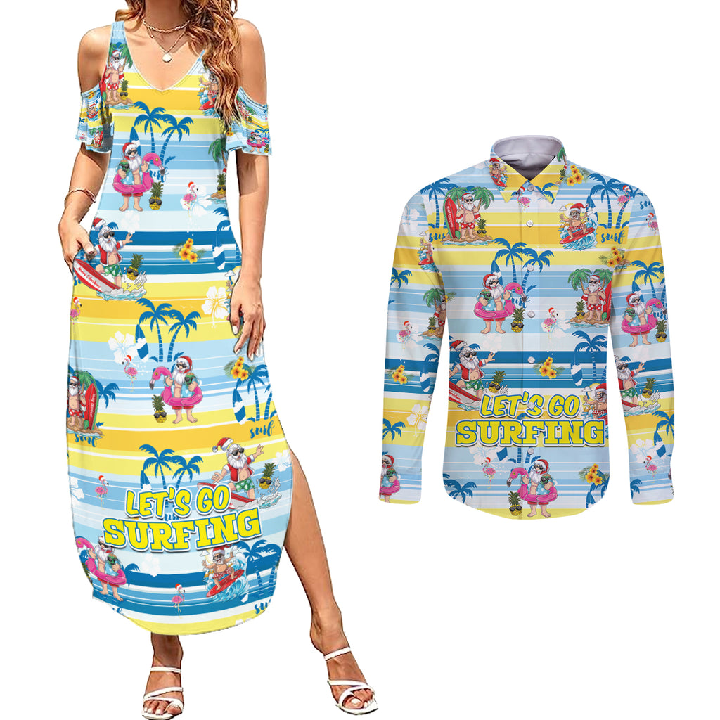 surfing-christmas-couples-matching-summer-maxi-dress-and-long-sleeve-button-shirt-tropical-santa-lets-go-surfing