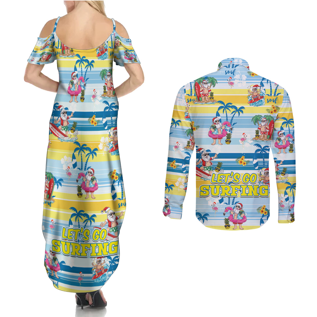 surfing-christmas-couples-matching-summer-maxi-dress-and-long-sleeve-button-shirt-tropical-santa-lets-go-surfing