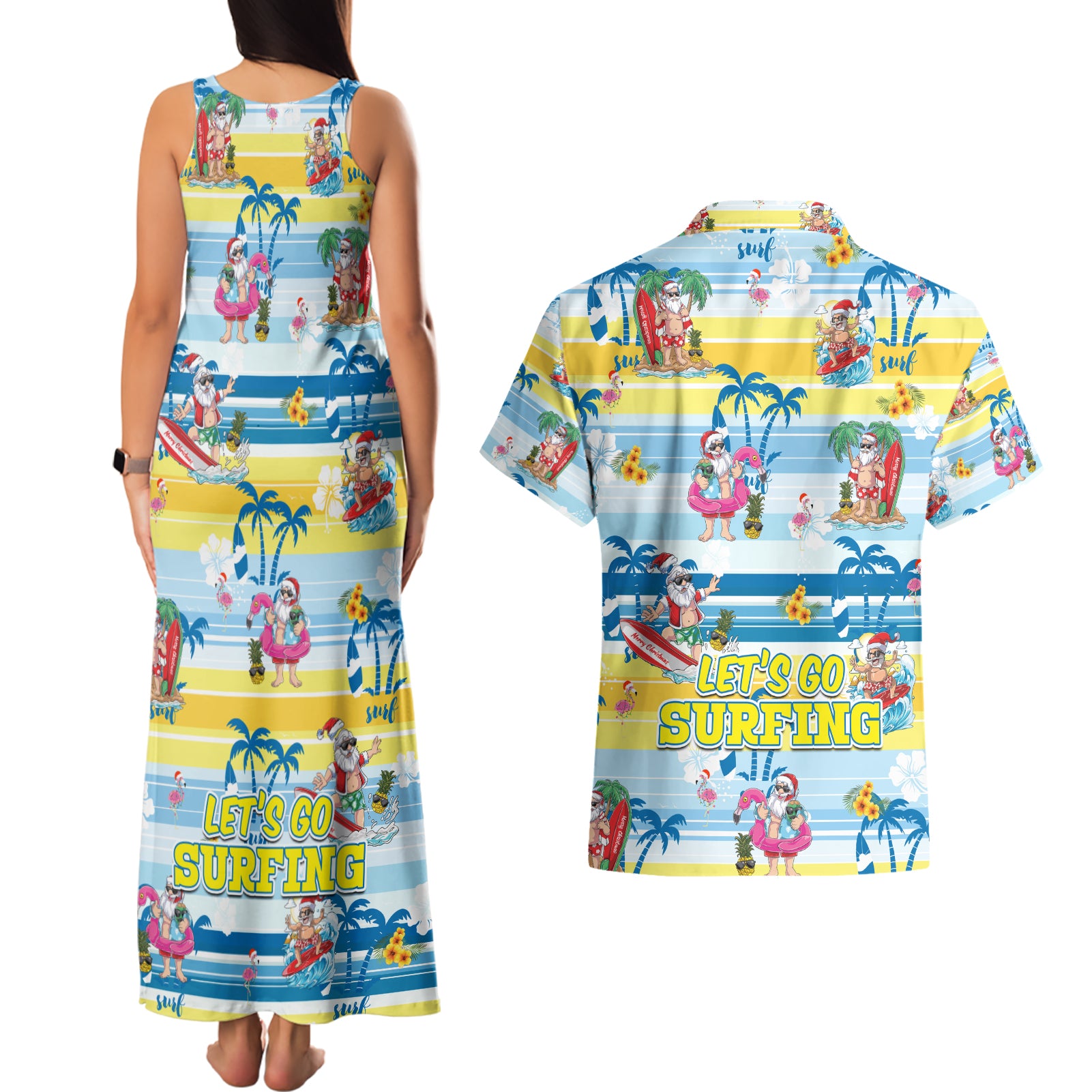surfing-christmas-couples-matching-tank-maxi-dress-and-hawaiian-shirt-tropical-santa-lets-go-surfing