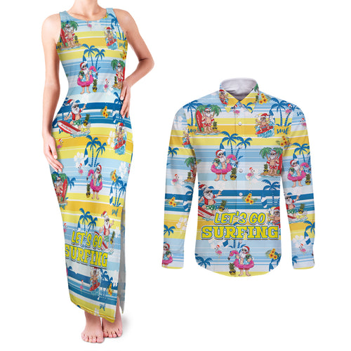 surfing-christmas-couples-matching-tank-maxi-dress-and-long-sleeve-button-shirt-tropical-santa-lets-go-surfing