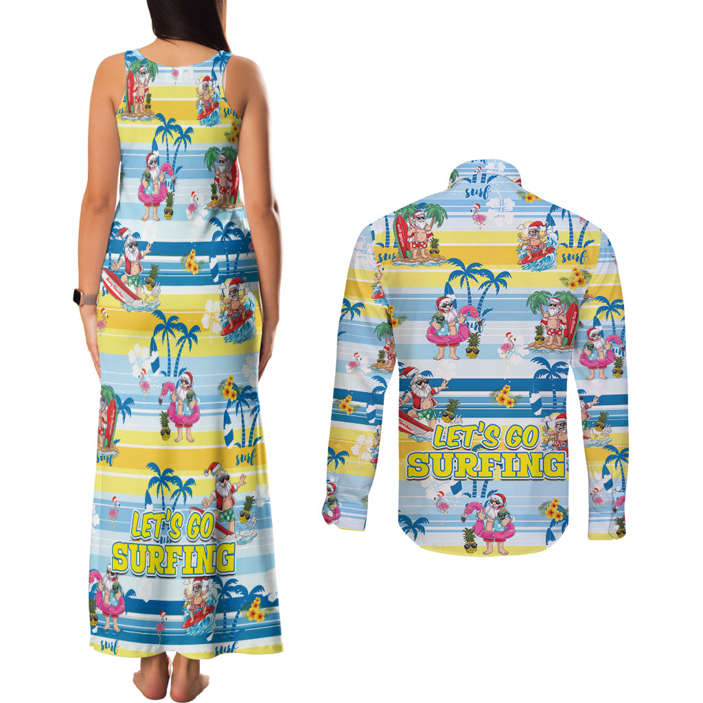 surfing-christmas-couples-matching-tank-maxi-dress-and-long-sleeve-button-shirt-tropical-santa-lets-go-surfing
