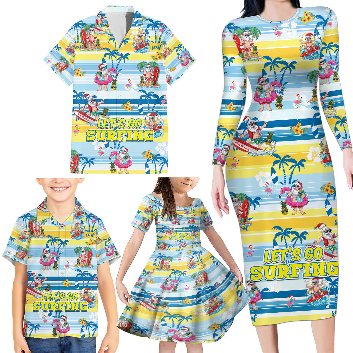 surfing-christmas-family-matching-long-sleeve-bodycon-dress-and-hawaiian-shirt-tropical-santa-lets-go-surfing
