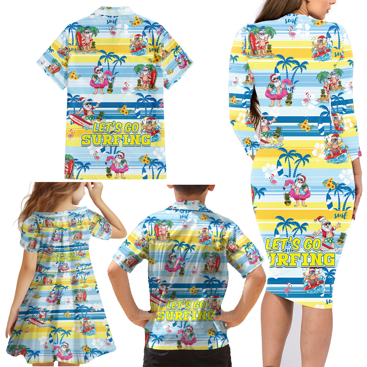 surfing-christmas-family-matching-long-sleeve-bodycon-dress-and-hawaiian-shirt-tropical-santa-lets-go-surfing
