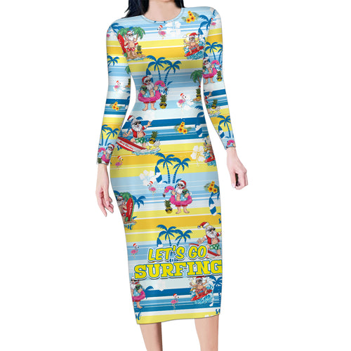 surfing-christmas-family-matching-long-sleeve-bodycon-dress-and-hawaiian-shirt-tropical-santa-lets-go-surfing