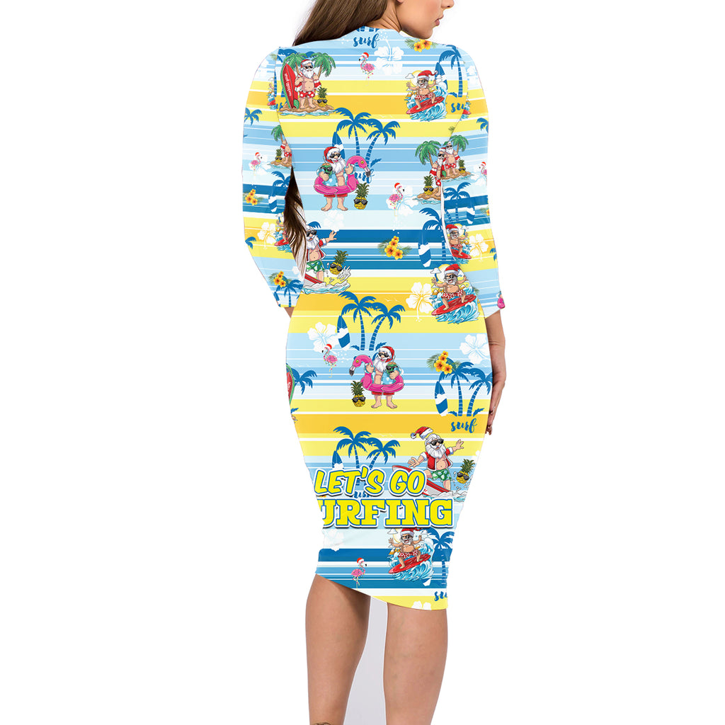surfing-christmas-family-matching-long-sleeve-bodycon-dress-and-hawaiian-shirt-tropical-santa-lets-go-surfing
