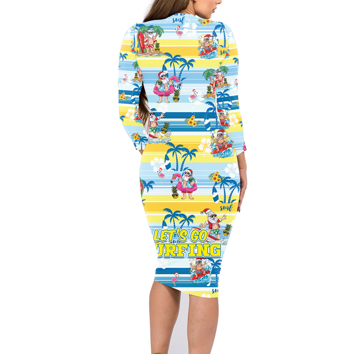 surfing-christmas-family-matching-long-sleeve-bodycon-dress-and-hawaiian-shirt-tropical-santa-lets-go-surfing
