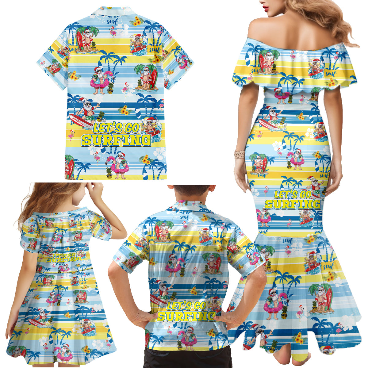 surfing-christmas-family-matching-mermaid-dress-and-hawaiian-shirt-tropical-santa-lets-go-surfing