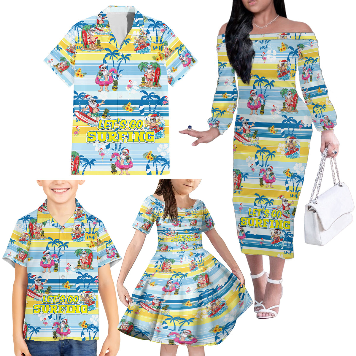 surfing-christmas-family-matching-off-shoulder-long-sleeve-dress-and-hawaiian-shirt-tropical-santa-lets-go-surfing