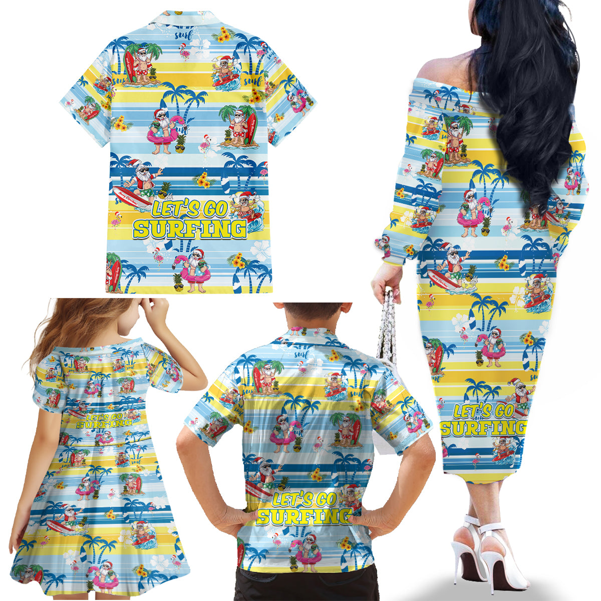 surfing-christmas-family-matching-off-shoulder-long-sleeve-dress-and-hawaiian-shirt-tropical-santa-lets-go-surfing