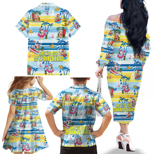 surfing-christmas-family-matching-off-shoulder-long-sleeve-dress-and-hawaiian-shirt-tropical-santa-lets-go-surfing