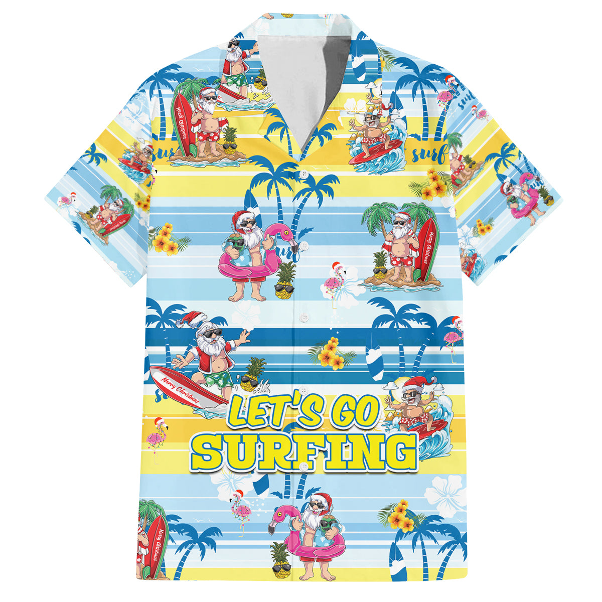 surfing-christmas-family-matching-off-shoulder-long-sleeve-dress-and-hawaiian-shirt-tropical-santa-lets-go-surfing