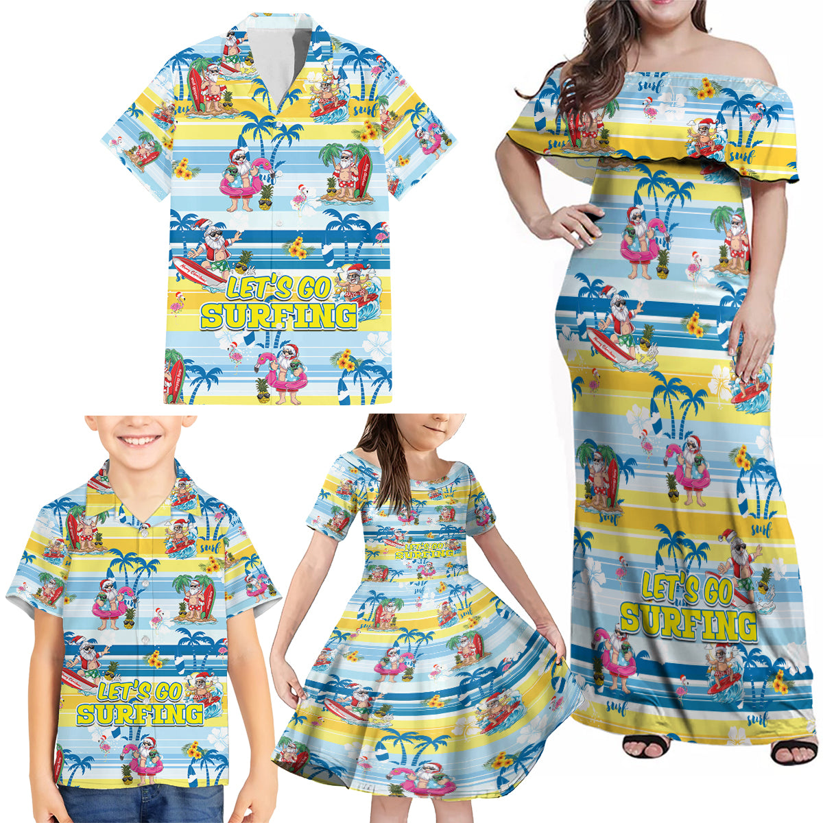 surfing-christmas-family-matching-off-shoulder-maxi-dress-and-hawaiian-shirt-tropical-santa-lets-go-surfing