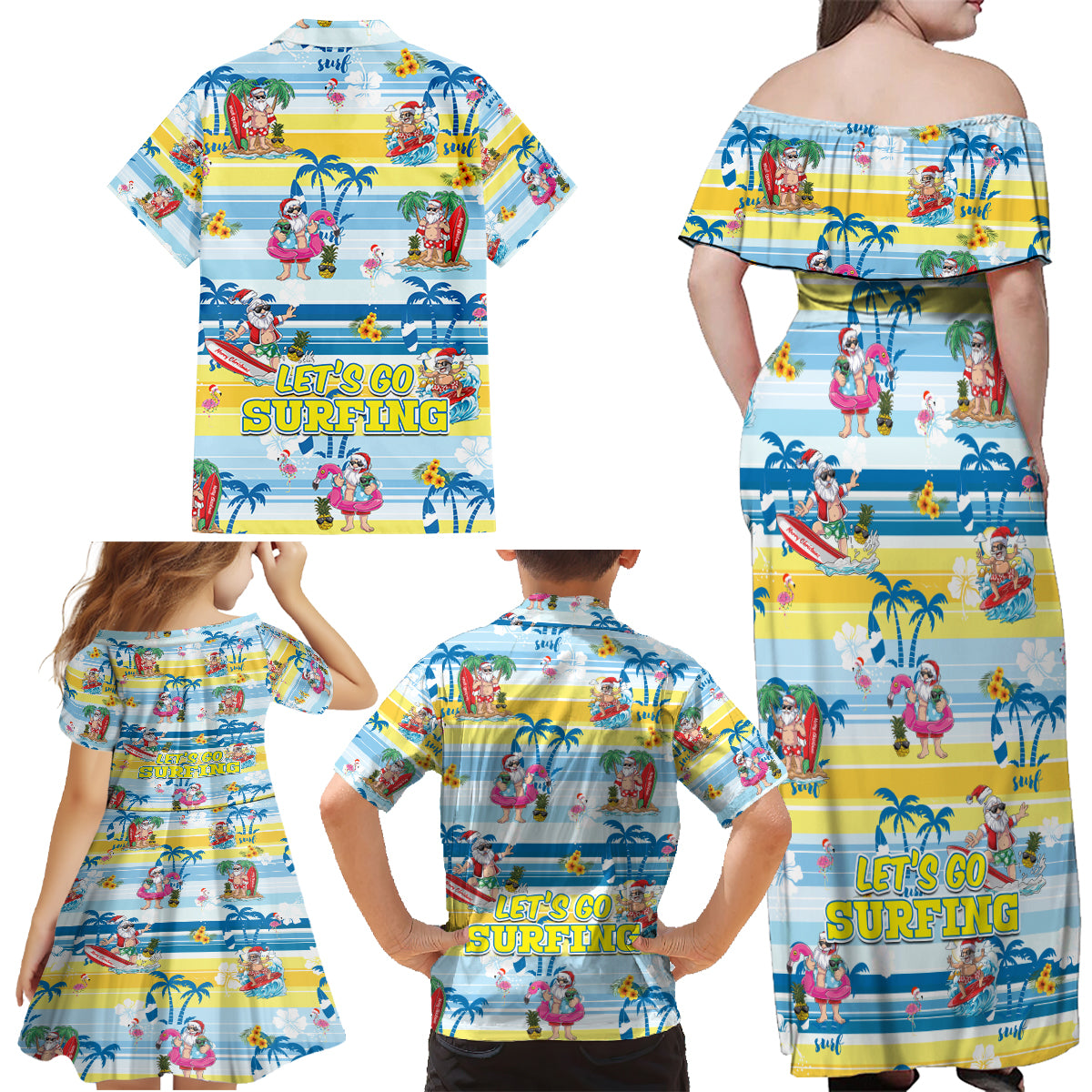 surfing-christmas-family-matching-off-shoulder-maxi-dress-and-hawaiian-shirt-tropical-santa-lets-go-surfing