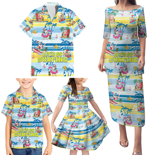 surfing-christmas-family-matching-puletasi-dress-and-hawaiian-shirt-tropical-santa-lets-go-surfing