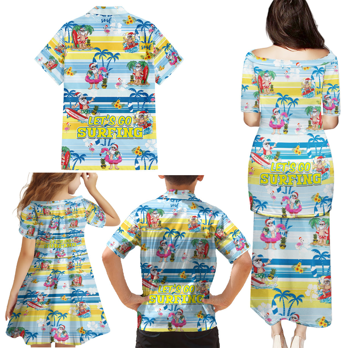 surfing-christmas-family-matching-puletasi-dress-and-hawaiian-shirt-tropical-santa-lets-go-surfing