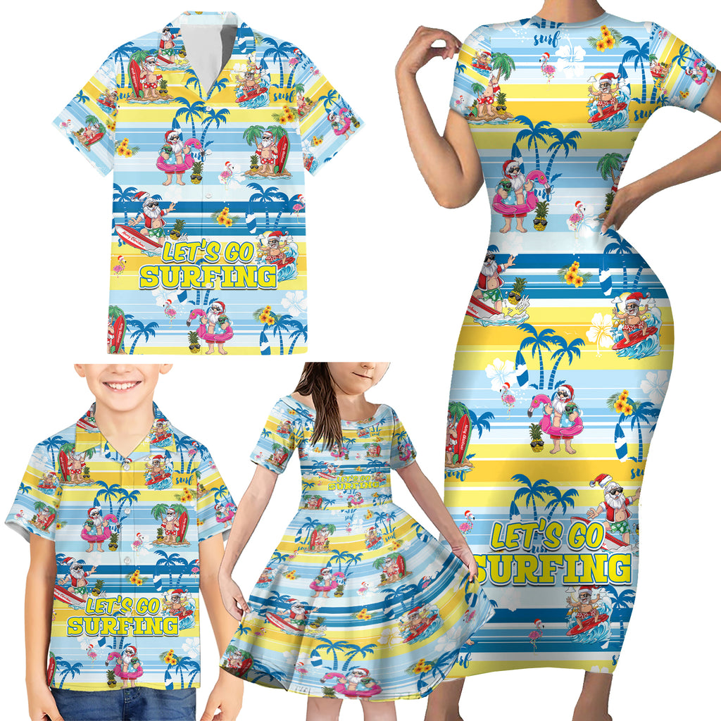 surfing-christmas-family-matching-short-sleeve-bodycon-dress-and-hawaiian-shirt-tropical-santa-lets-go-surfing