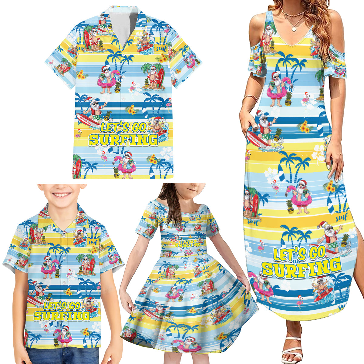 surfing-christmas-family-matching-summer-maxi-dress-and-hawaiian-shirt-tropical-santa-lets-go-surfing