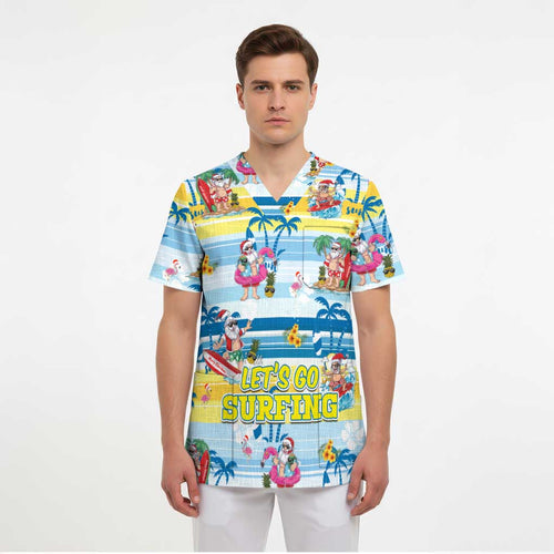 Surfing Christmas Scrub Top Tropical Santa Let's Go Surfing - Aussie Hoodie