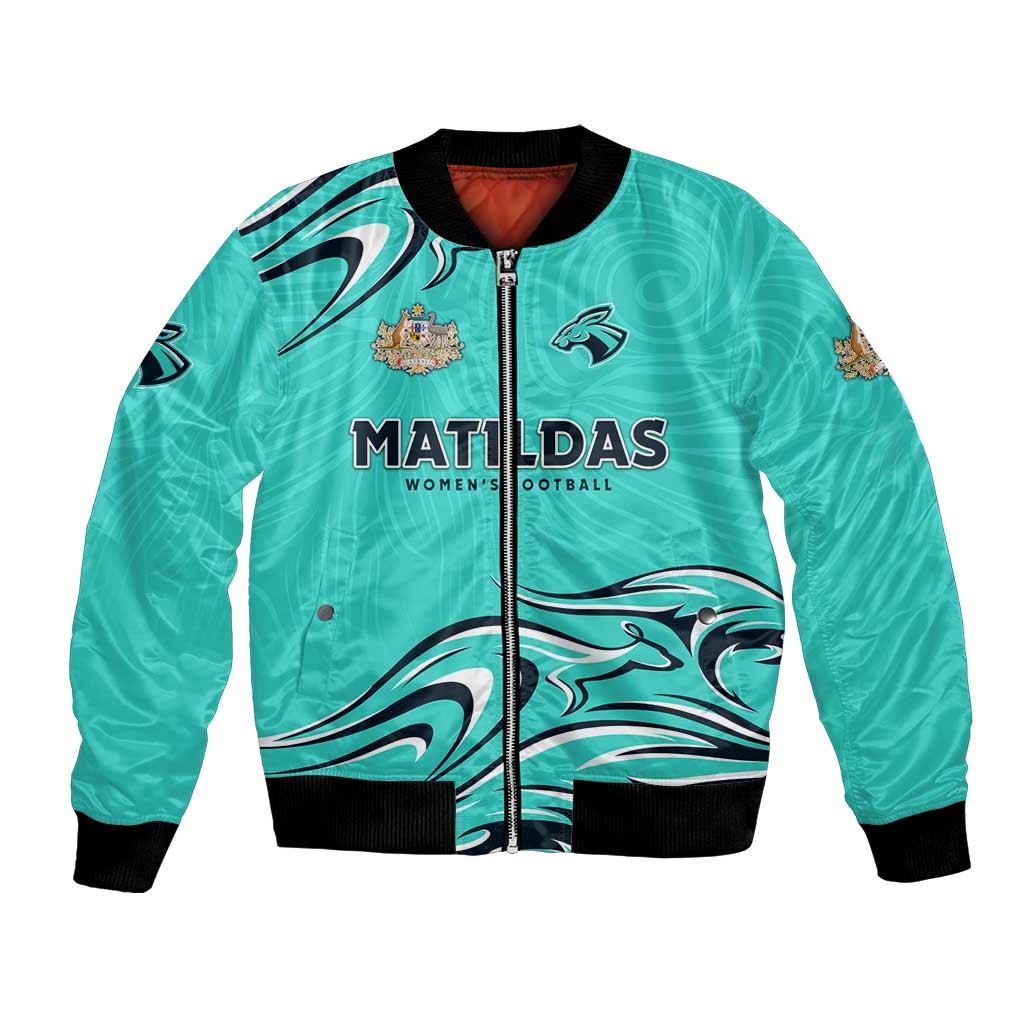 Personalised Australia Soccer Matildas Bomber Jacket Kangaroo Tornado Turquoise DT02