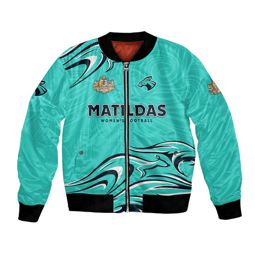 Personalised Australia Soccer Matildas Bomber Jacket Kangaroo Tornado Turquoise DT02