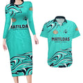 Personalised Australia Soccer Matildas Couples Matching Long Sleeve Bodycon Dress and Hawaiian Shirt Kangaroo Tornado Turquoise DT02
