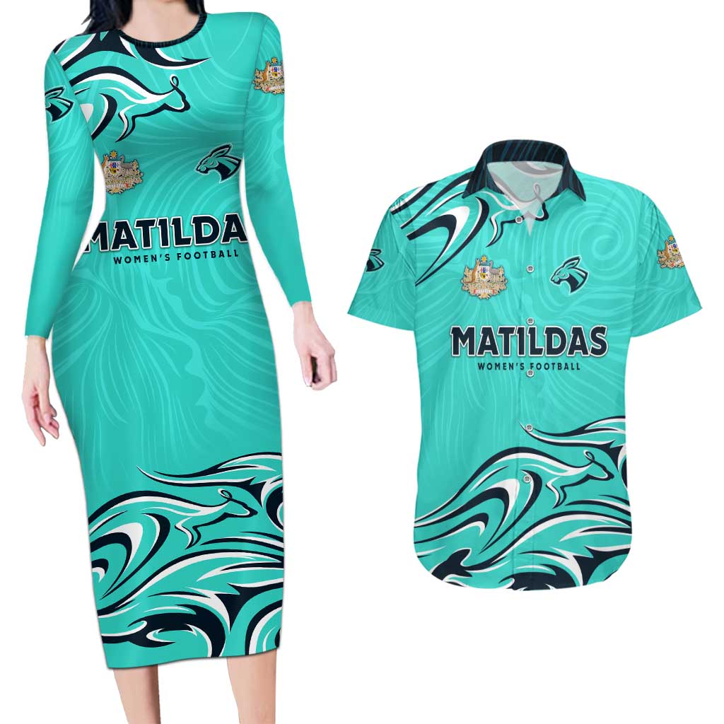 Personalised Australia Soccer Matildas Couples Matching Long Sleeve Bodycon Dress and Hawaiian Shirt Kangaroo Tornado Turquoise DT02