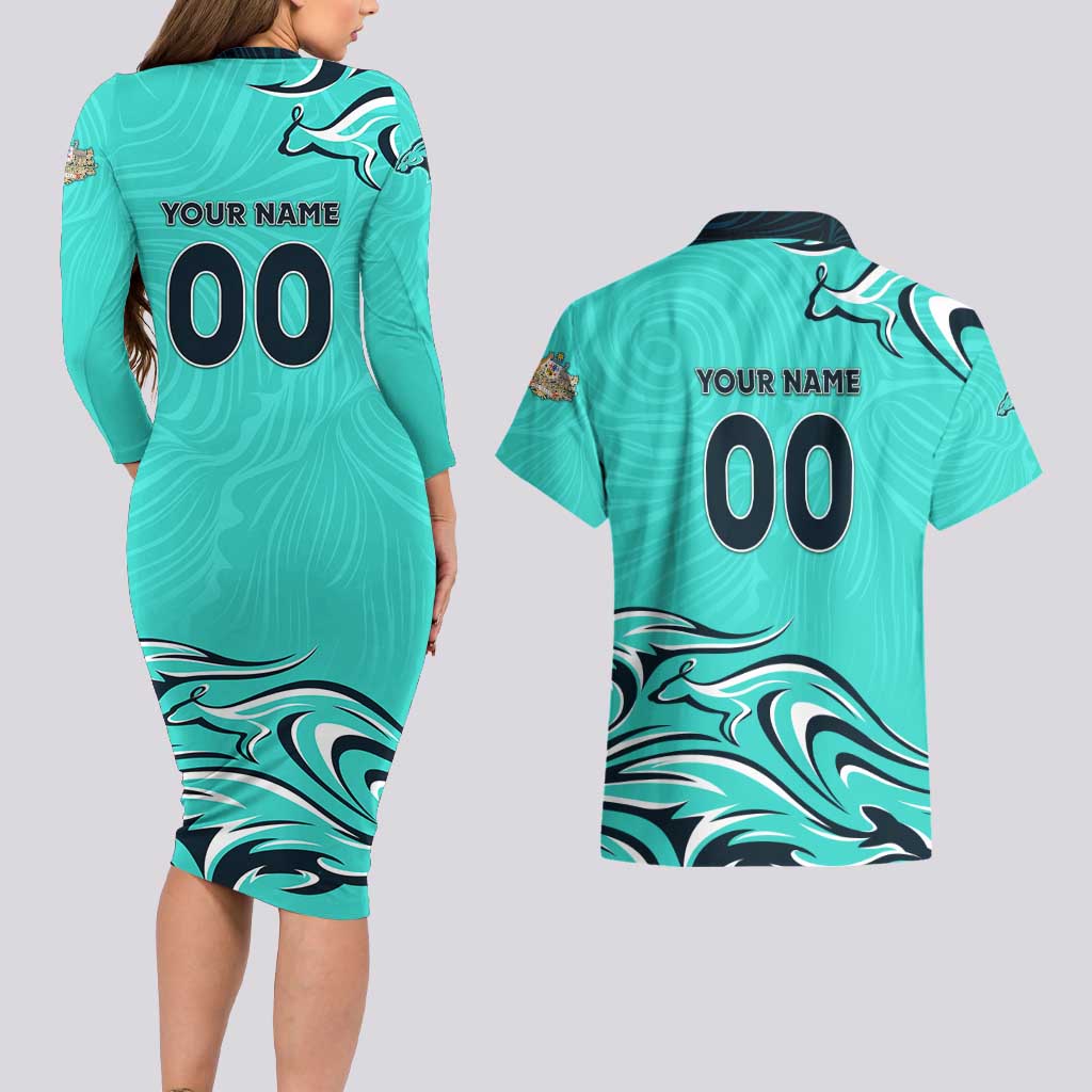 Personalised Australia Soccer Matildas Couples Matching Long Sleeve Bodycon Dress and Hawaiian Shirt Kangaroo Tornado Turquoise DT02