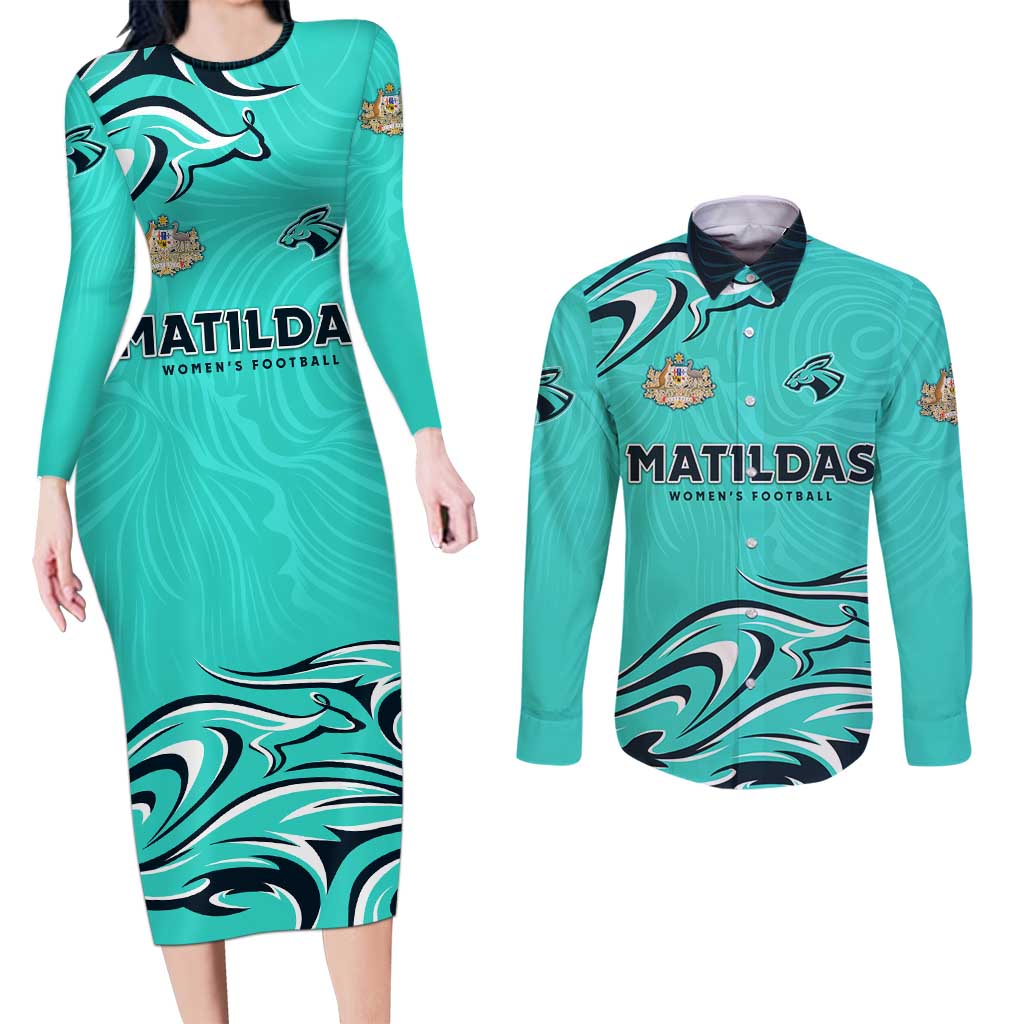 Personalised Australia Soccer Matildas Couples Matching Long Sleeve Bodycon Dress and Long Sleeve Button Shirt Kangaroo Tornado Turquoise DT02