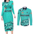 Personalised Australia Soccer Matildas Couples Matching Long Sleeve Bodycon Dress and Long Sleeve Button Shirt Kangaroo Tornado Turquoise DT02