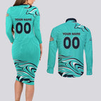 Personalised Australia Soccer Matildas Couples Matching Long Sleeve Bodycon Dress and Long Sleeve Button Shirt Kangaroo Tornado Turquoise DT02