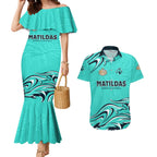 Personalised Australia Soccer Matildas Couples Matching Mermaid Dress and Hawaiian Shirt Kangaroo Tornado Turquoise DT02