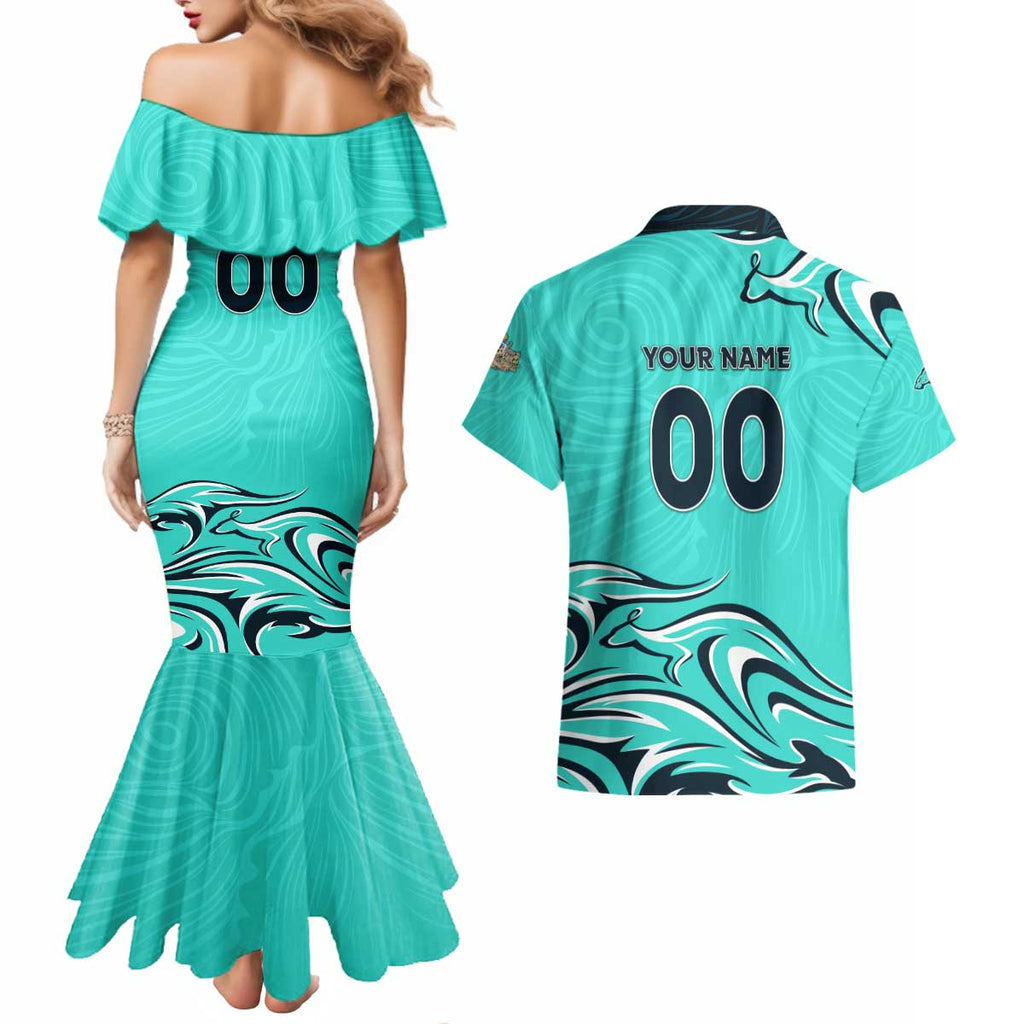 Personalised Australia Soccer Matildas Couples Matching Mermaid Dress and Hawaiian Shirt Kangaroo Tornado Turquoise DT02