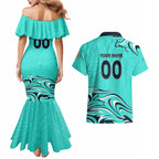Personalised Australia Soccer Matildas Couples Matching Mermaid Dress and Hawaiian Shirt Kangaroo Tornado Turquoise DT02