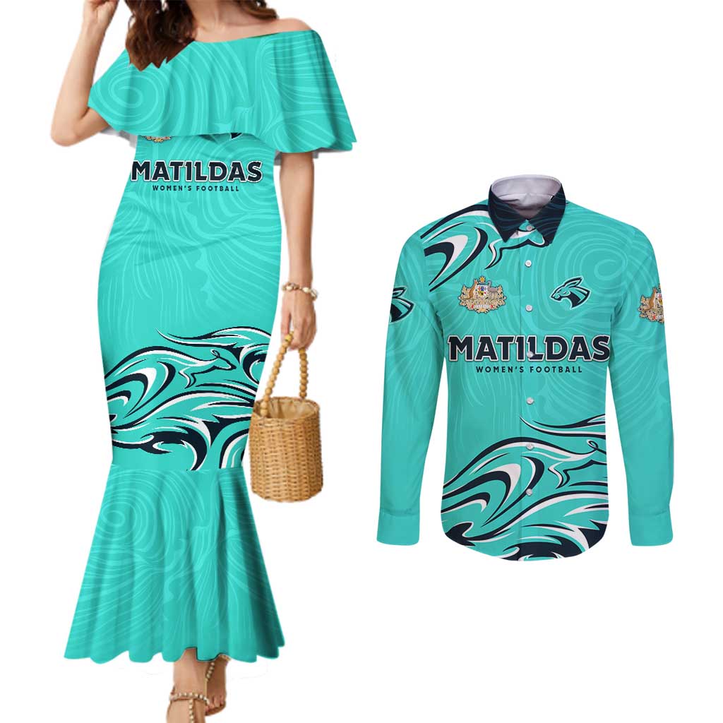 Personalised Australia Soccer Matildas Couples Matching Mermaid Dress and Long Sleeve Button Shirt Kangaroo Tornado Turquoise DT02