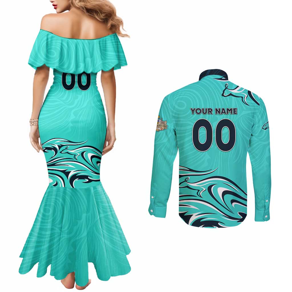 Personalised Australia Soccer Matildas Couples Matching Mermaid Dress and Long Sleeve Button Shirt Kangaroo Tornado Turquoise DT02
