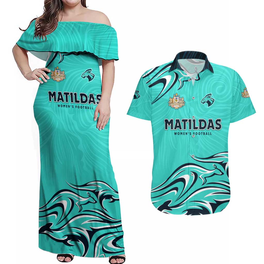 Personalised Australia Soccer Matildas Couples Matching Off Shoulder Maxi Dress and Hawaiian Shirt Kangaroo Tornado Turquoise DT02