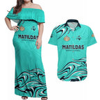 Personalised Australia Soccer Matildas Couples Matching Off Shoulder Maxi Dress and Hawaiian Shirt Kangaroo Tornado Turquoise DT02