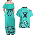Personalised Australia Soccer Matildas Couples Matching Off Shoulder Maxi Dress and Hawaiian Shirt Kangaroo Tornado Turquoise DT02