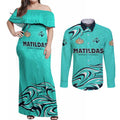 Personalised Australia Soccer Matildas Couples Matching Off Shoulder Maxi Dress and Long Sleeve Button Shirt Kangaroo Tornado Turquoise DT02