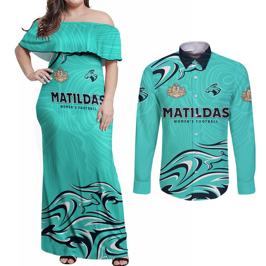 Personalised Australia Soccer Matildas Couples Matching Off Shoulder Maxi Dress and Long Sleeve Button Shirt Kangaroo Tornado Turquoise DT02