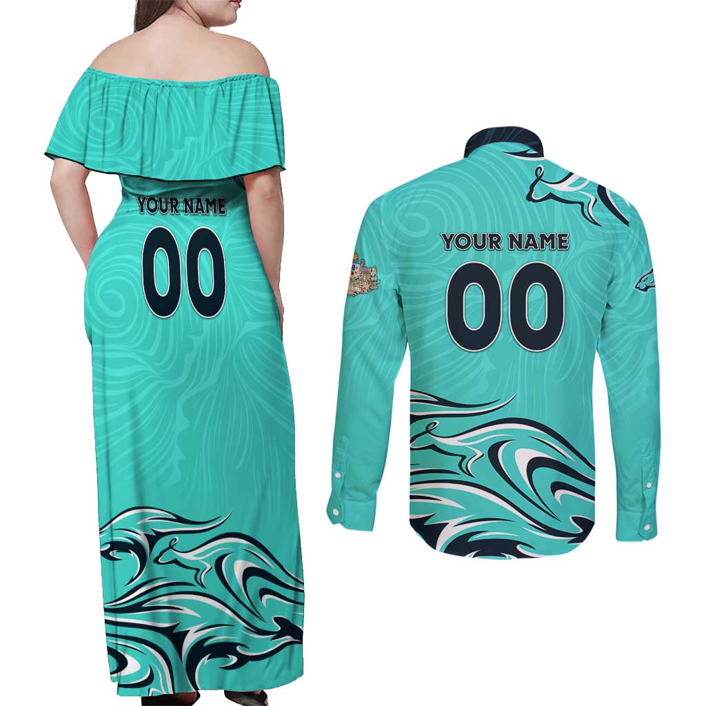 Personalised Australia Soccer Matildas Couples Matching Off Shoulder Maxi Dress and Long Sleeve Button Shirt Kangaroo Tornado Turquoise DT02