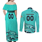 Personalised Australia Soccer Matildas Couples Matching Off Shoulder Maxi Dress and Long Sleeve Button Shirt Kangaroo Tornado Turquoise DT02