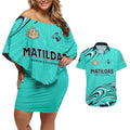 Personalised Australia Soccer Matildas Couples Matching Off Shoulder Short Dress and Hawaiian Shirt Kangaroo Tornado Turquoise DT02