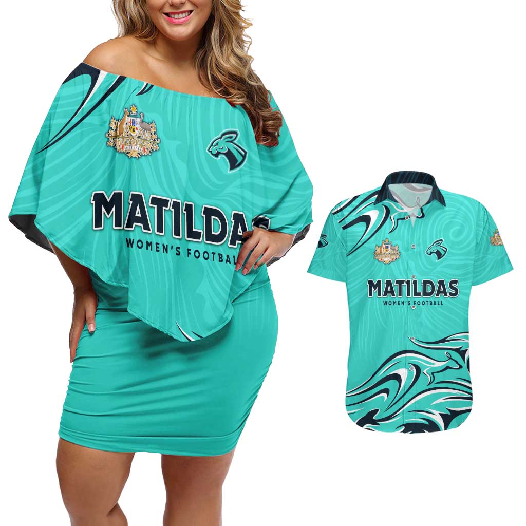 Personalised Australia Soccer Matildas Couples Matching Off Shoulder Short Dress and Hawaiian Shirt Kangaroo Tornado Turquoise DT02