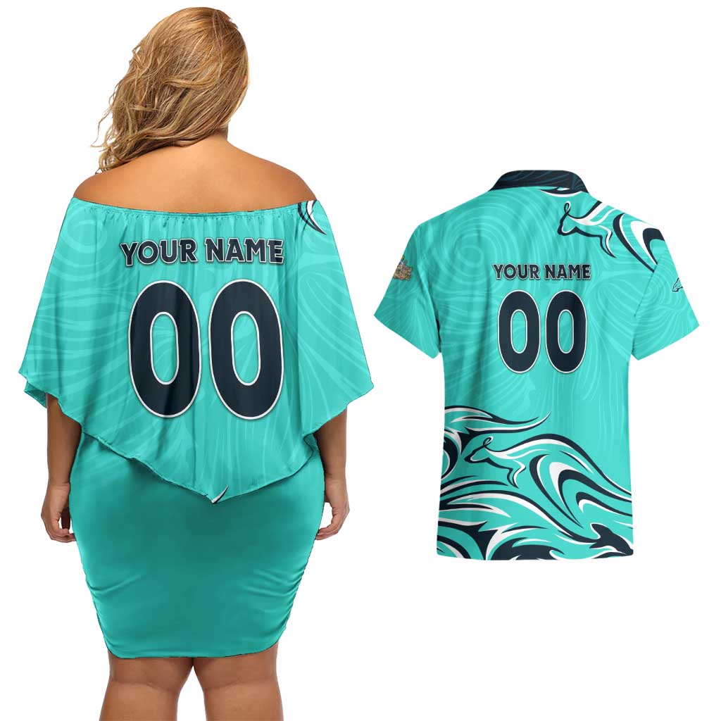 Personalised Australia Soccer Matildas Couples Matching Off Shoulder Short Dress and Hawaiian Shirt Kangaroo Tornado Turquoise DT02