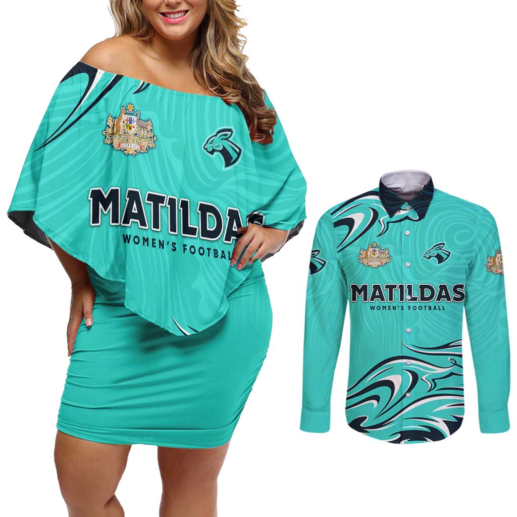 Personalised Australia Soccer Matildas Couples Matching Off Shoulder Short Dress and Long Sleeve Button Shirt Kangaroo Tornado Turquoise DT02