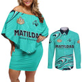 Personalised Australia Soccer Matildas Couples Matching Off Shoulder Short Dress and Long Sleeve Button Shirt Kangaroo Tornado Turquoise DT02