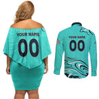 Personalised Australia Soccer Matildas Couples Matching Off Shoulder Short Dress and Long Sleeve Button Shirt Kangaroo Tornado Turquoise DT02
